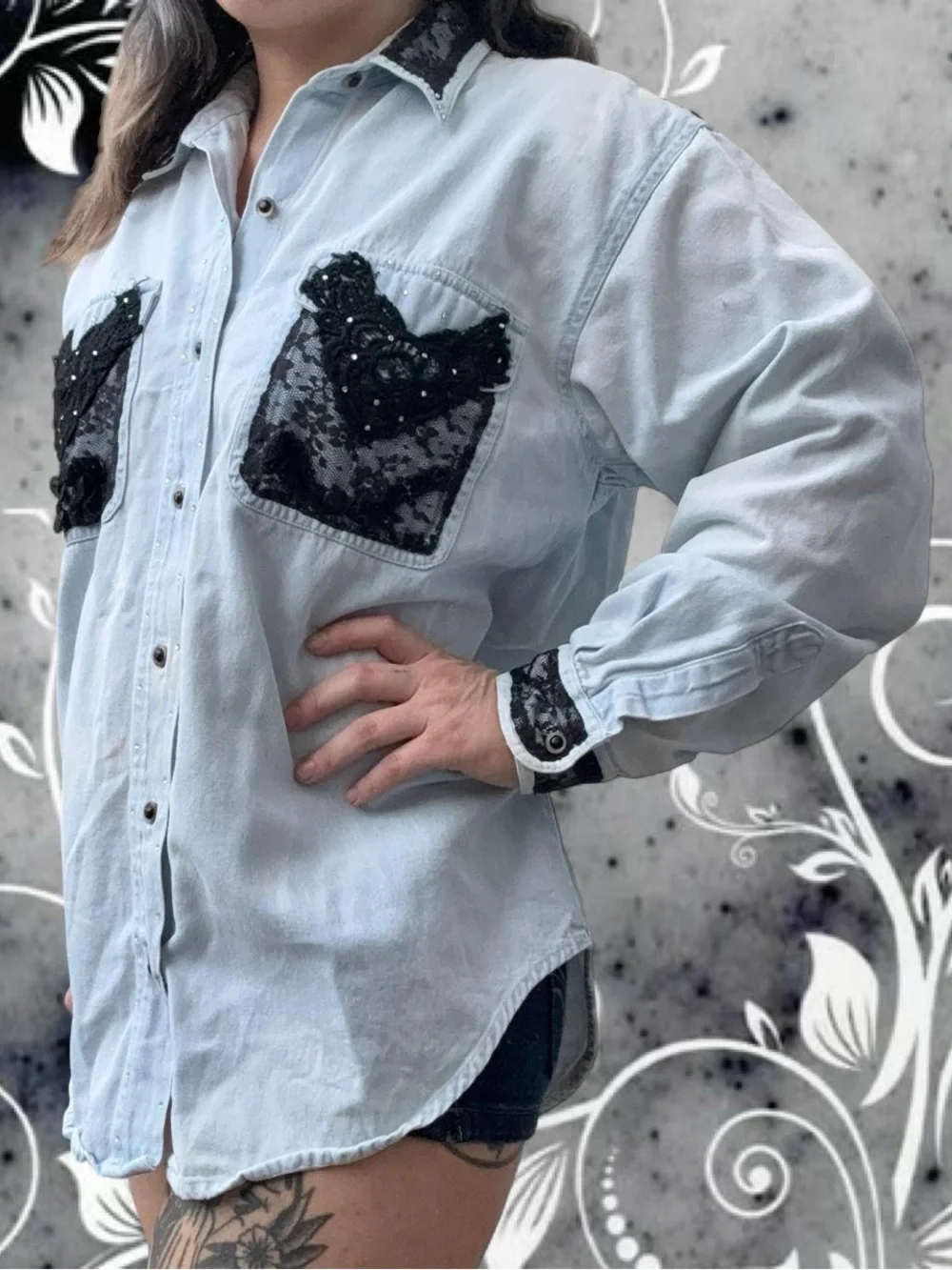vtg 80s/90s lace rhinestone western top - lanie new york, sz sm, can fit md
